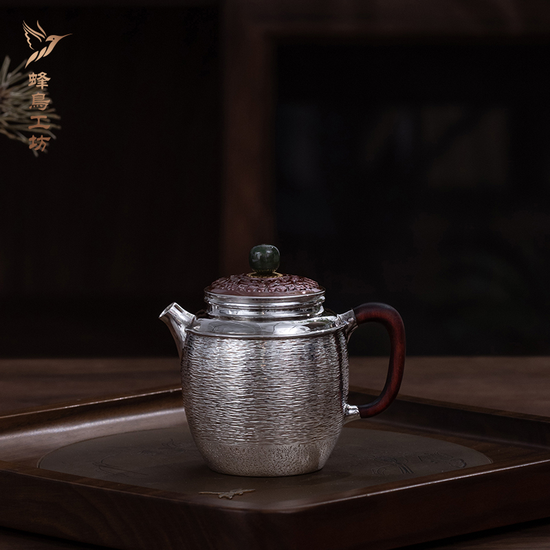 蜂鸟工坊 名匠优选 防烫木把碧玉钮铜盖桶形拉纯手工银壶小茶壶茶具