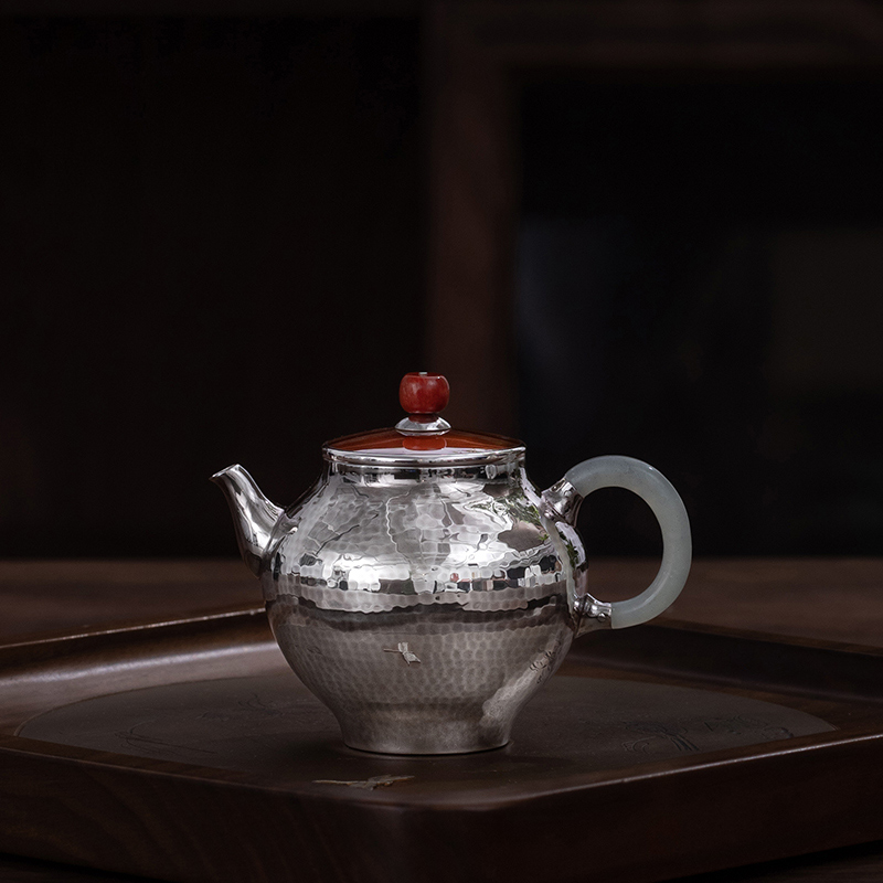 蜂鸟工坊 名匠优选 防烫玉把铜盖南红钮花瓶形捶纹纯手工纯银壶茶壶