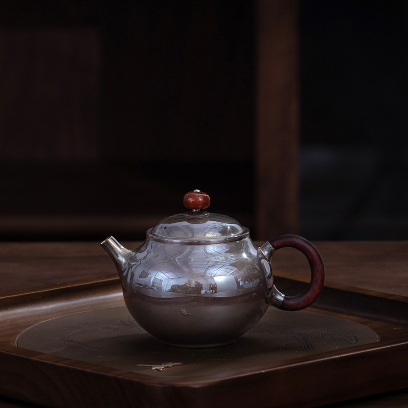 蜂鸟&茶家十职手望金印紫绶木把南红钮光面紫皮纯手工小银壶茶壶茶具