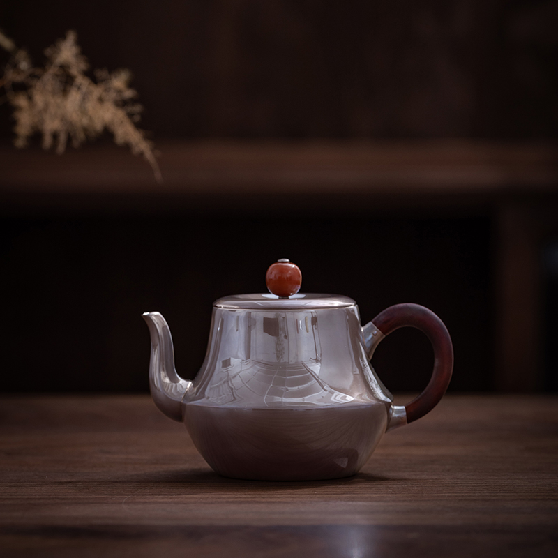 蜂鸟&茶家十职 防烫木把木钮紫皮缸形平盖纯手工银壶茶壶轻奢茶具