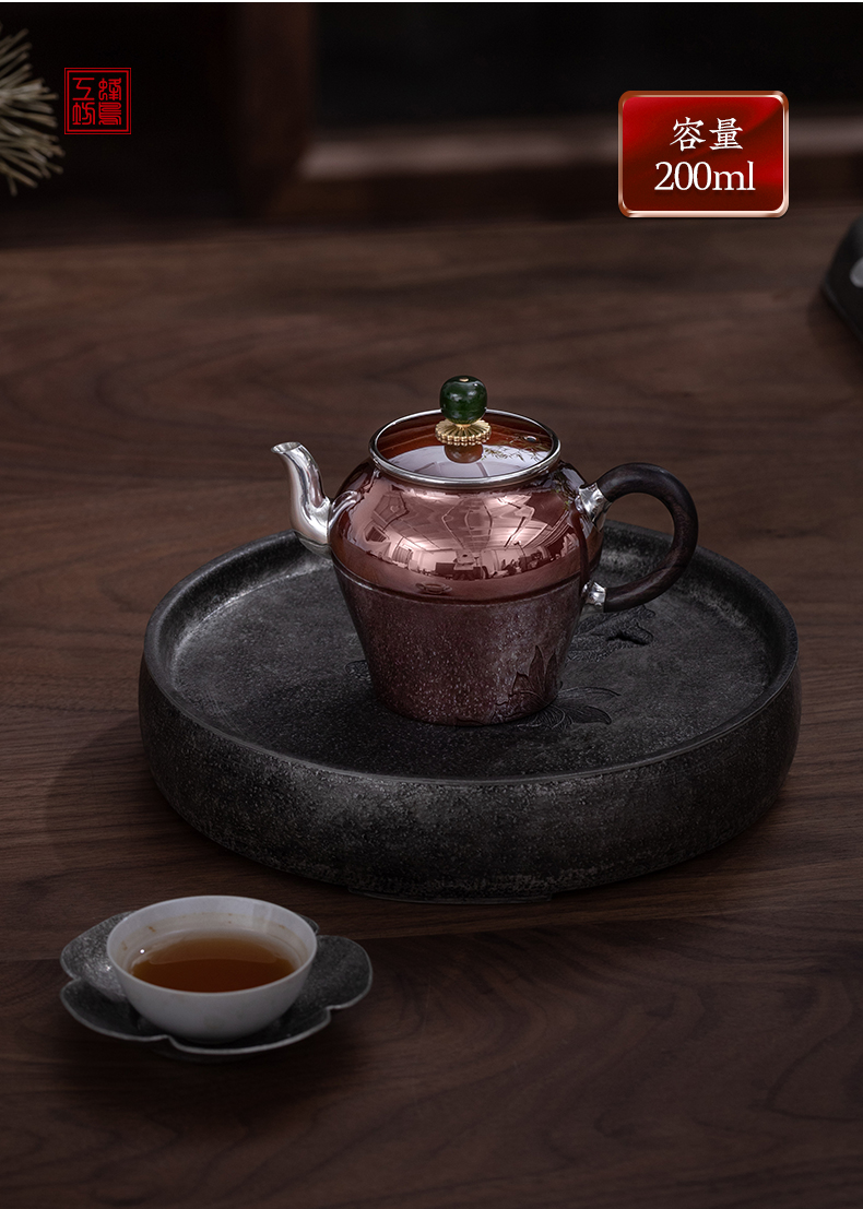 蜂鸟工坊 名匠优选 防烫木把铜包银花瓶形弯嘴纯手工纯银壶茶壶茶具