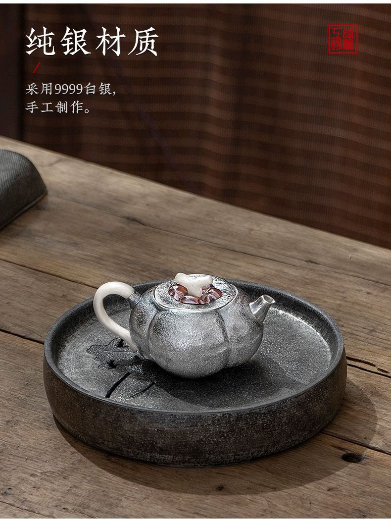 蜂鸟工坊 名匠优选 防烫把手铜盖南瓜形小壶纯手工纯银小壶烧水茶壶