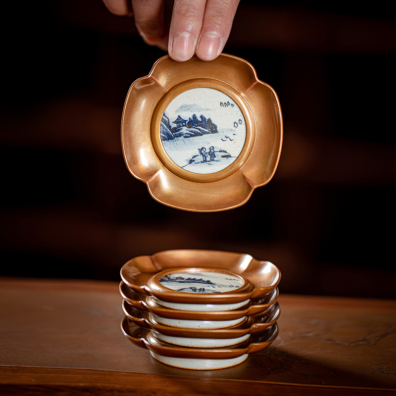 蜂鸟工坊杯垫定制茶道山水青花瓷创意陶瓷防烫杯托功夫茶具纯紫铜