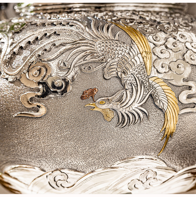 蜂鸟【传家系列】单提梁银壶 工艺品瓷盖 纯手工家用泡茶壶银壶茶具
